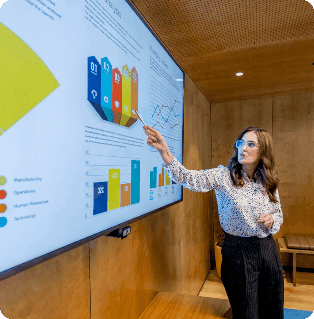 Person presenting data on a large screen.
